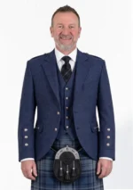 Navy Blue Wool Argyle Kilt Jacket With Vest Front View