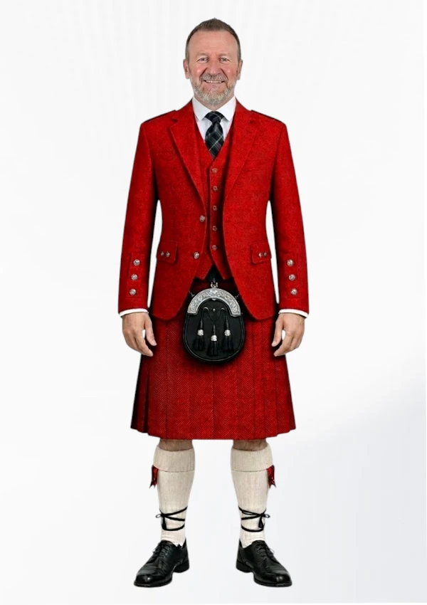 Red and Black Herringbone Tweed Kilt With Red and Black Herringbone Tweed Argyle Jacket kilt Outfit Front