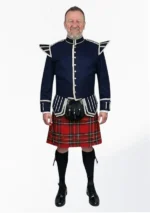 Royal Stewart Tartan Doublet Kilt Outfit with Navy Blue Jacket Front