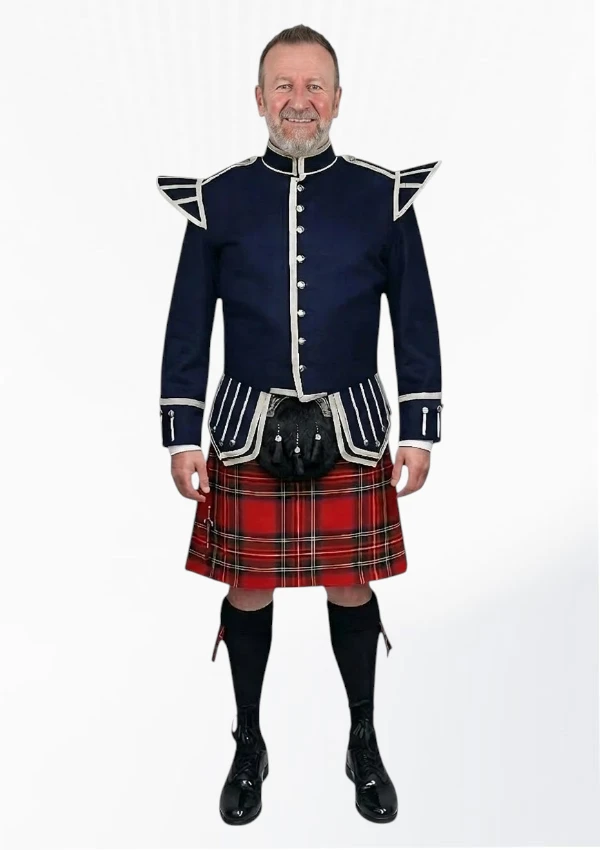 Royal Stewart Tartan Doublet Kilt Outfit with Navy Blue Jacket Front