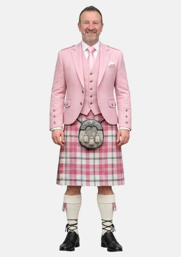 Ailsa Pink Plaid Tartan Kilt And Pink Argyle Jacket Kilt Outfit Front View