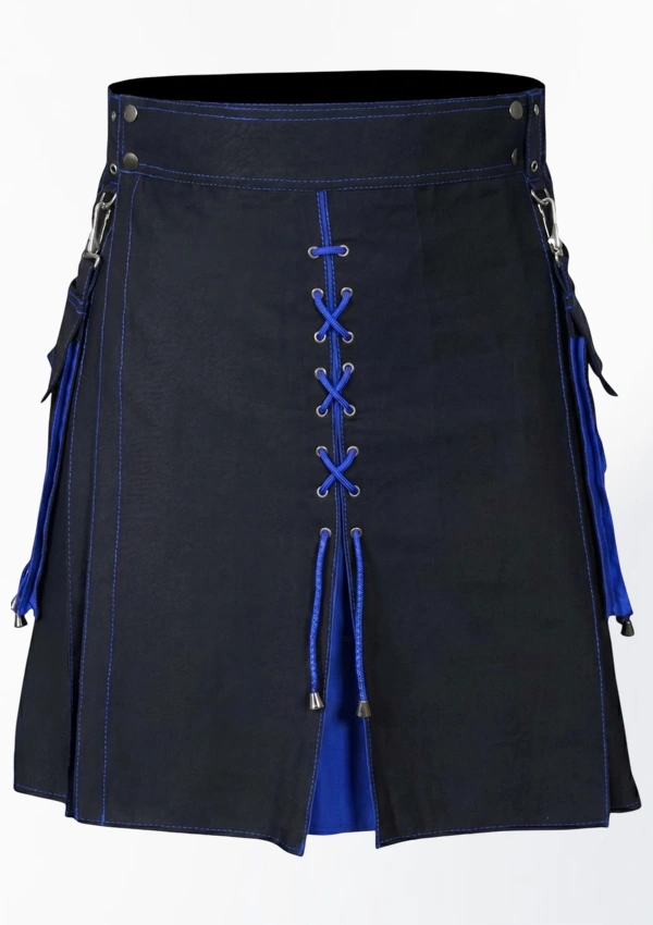 Black & Royal Blue Lace-Up Hybrid Utility Kilt with Cargo Pockets
