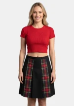 Black Stewart Tartan Panel Pleated Skirt Front View