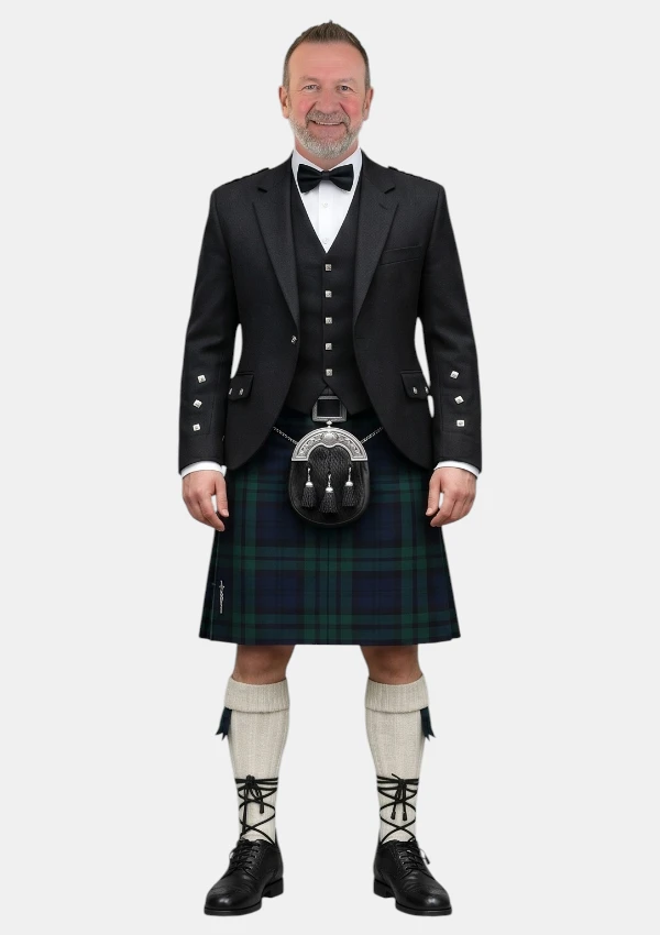 Black Watch Tartan Kilt With Black Argyle Jacket Kilt Outfit Front View