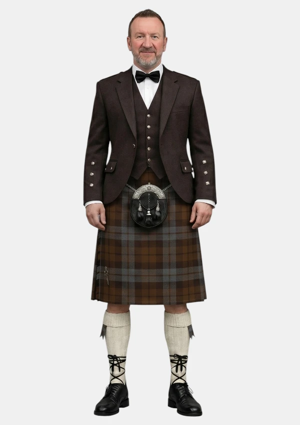 Brown Heather Tartan Kilt With Brown Argyle Jacket Kilt Outfit Front View