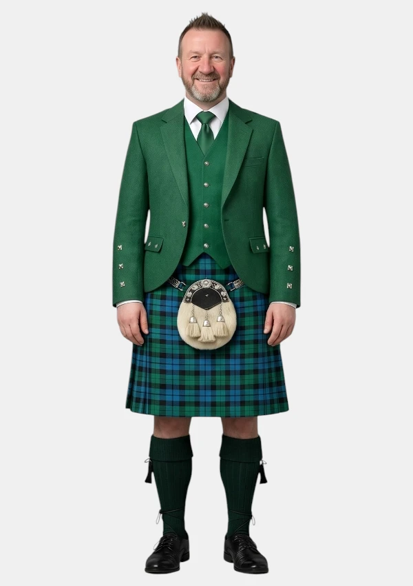 Campbell Tartan Kilt And Kelly Green Argyle Jacket Kilt Outfit Front View