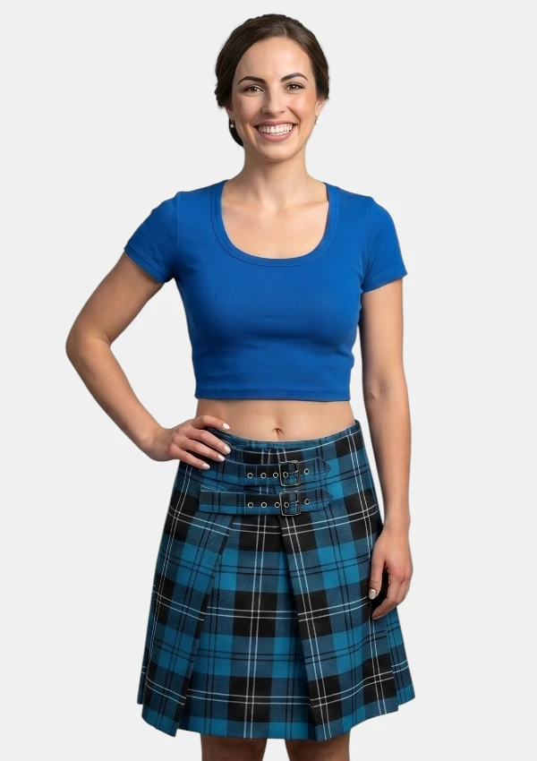 Dual Buckle Ramsay Blue Tartan Mini Skirt Front View