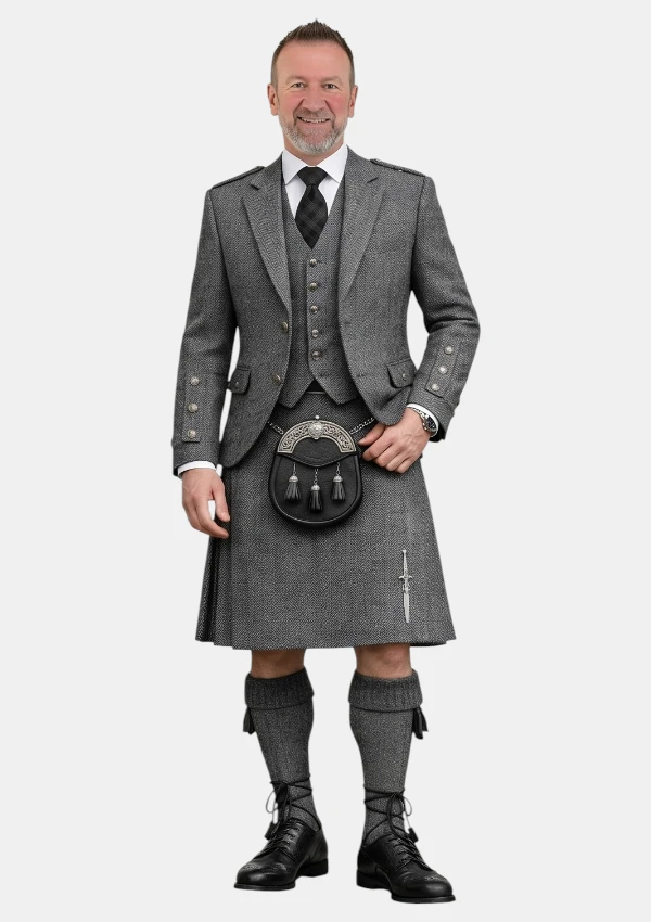 Grey Signature Harris Tweed Kilt With Grey Signature Harris Tweed Argyle Jacket Kilt Outfit Front View