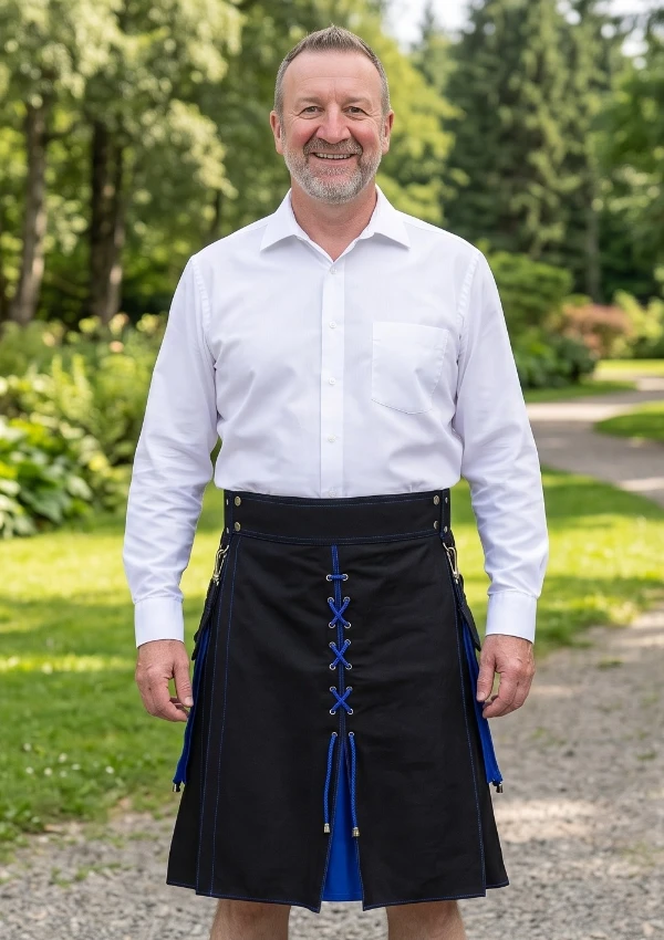 Men's Black & Royal Blue Lace-Up Hybrid Utility Kilt Front