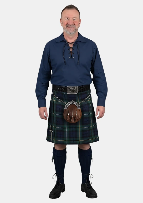 Navy Blue Ghillie Shirt Kilt Outfit Front View