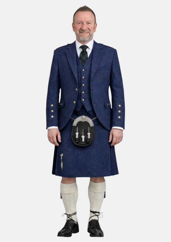 Navy Blue Wool Kilt With Navy Blue Wool Argyle Jacket Kilt Outfit Front View