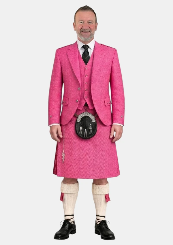 Pink Tweed Herringbone Kilt With Pink Tweed Herringbone Argyle Jacket Kilt Outfit Front View
