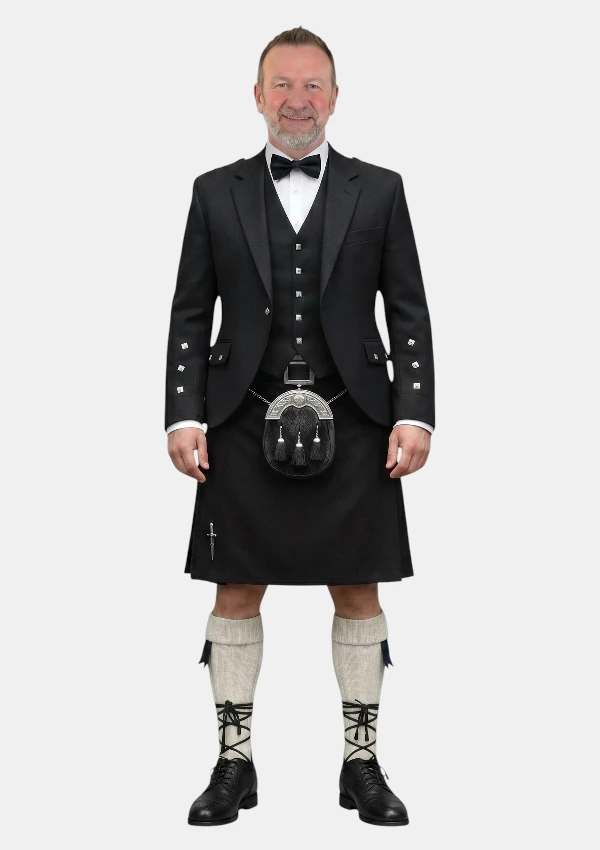 Plain Black Tartan Kilt Outfit Front