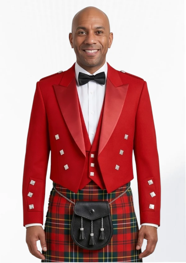 Red Prince Charlie Kilt Jacket with Vest Front View
