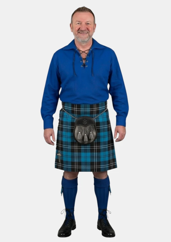 Royal Blue Ghillie Shirt Kilt Outfit Front View