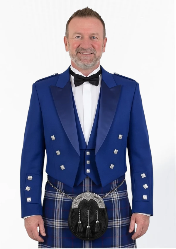 Royal Blue Prince Charlie Kilt Jacket with Vest Front View