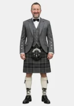 Scott Black and Grey Tartan Kilt With Grey Argyle Jacket Kilt Outfit Front View