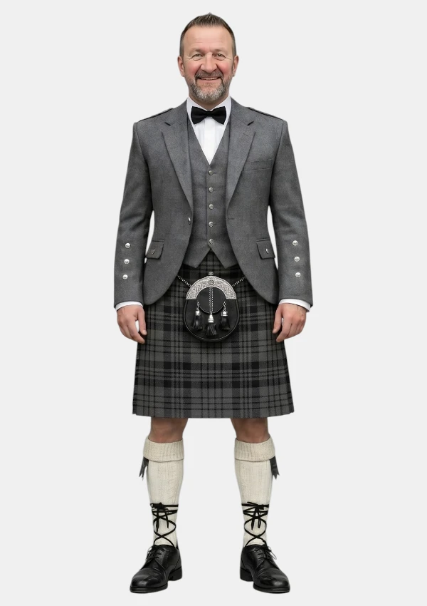 Scott Black and Grey Tartan Kilt With Grey Argyle Jacket Kilt Outfit Front View