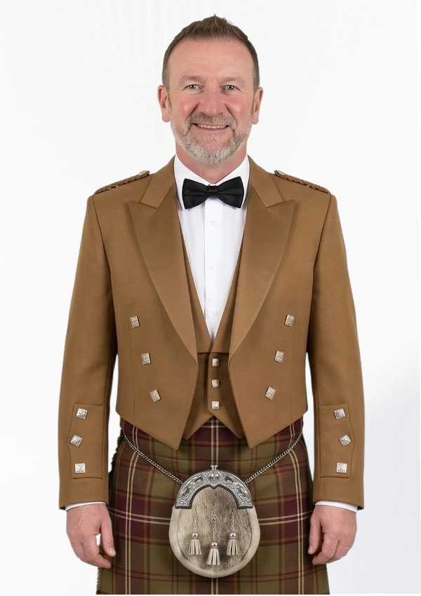Tan Prince Charlie Kilt Jacket with Vest Front View
