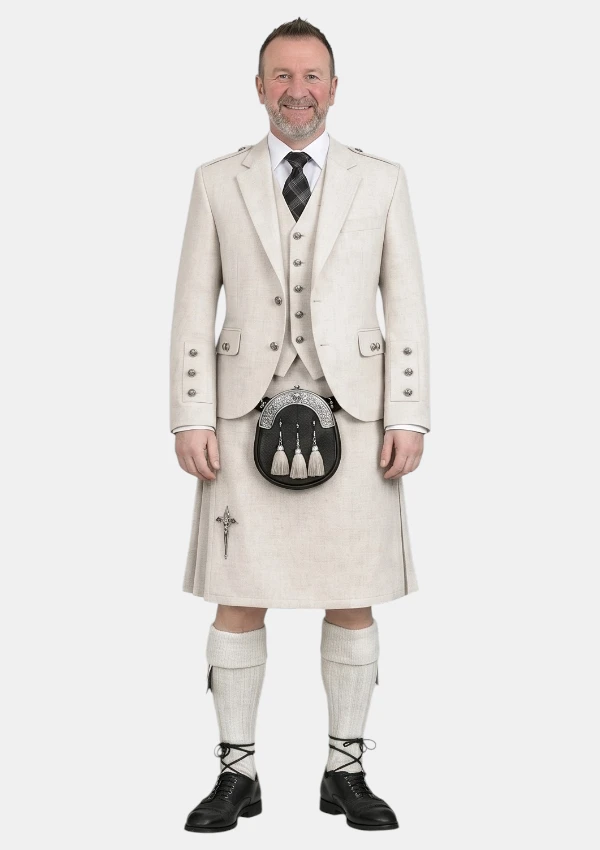 White Wool Kilt With White Wool Argyle Jacket Kilt Outfit Front View